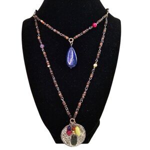 Boho Layered Necklace With Lapis Lazuli Pendant & Adjustable Cord For Women